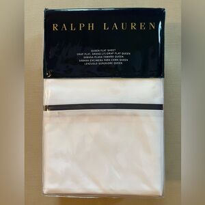 Ralph Lauren Palmer Percale Queen Flat Sheet in white with Navy